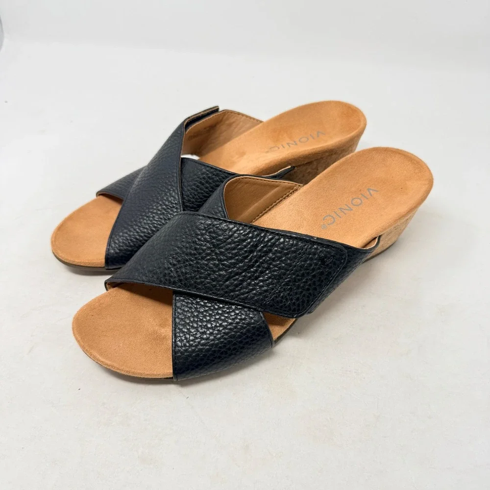 Vionic Black Leather Wedge Sandals Cork 8 Orthopedic Comfort Slides Supportive